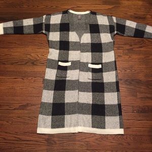 Black/White Plaid Long Open Sweater Duster 1X